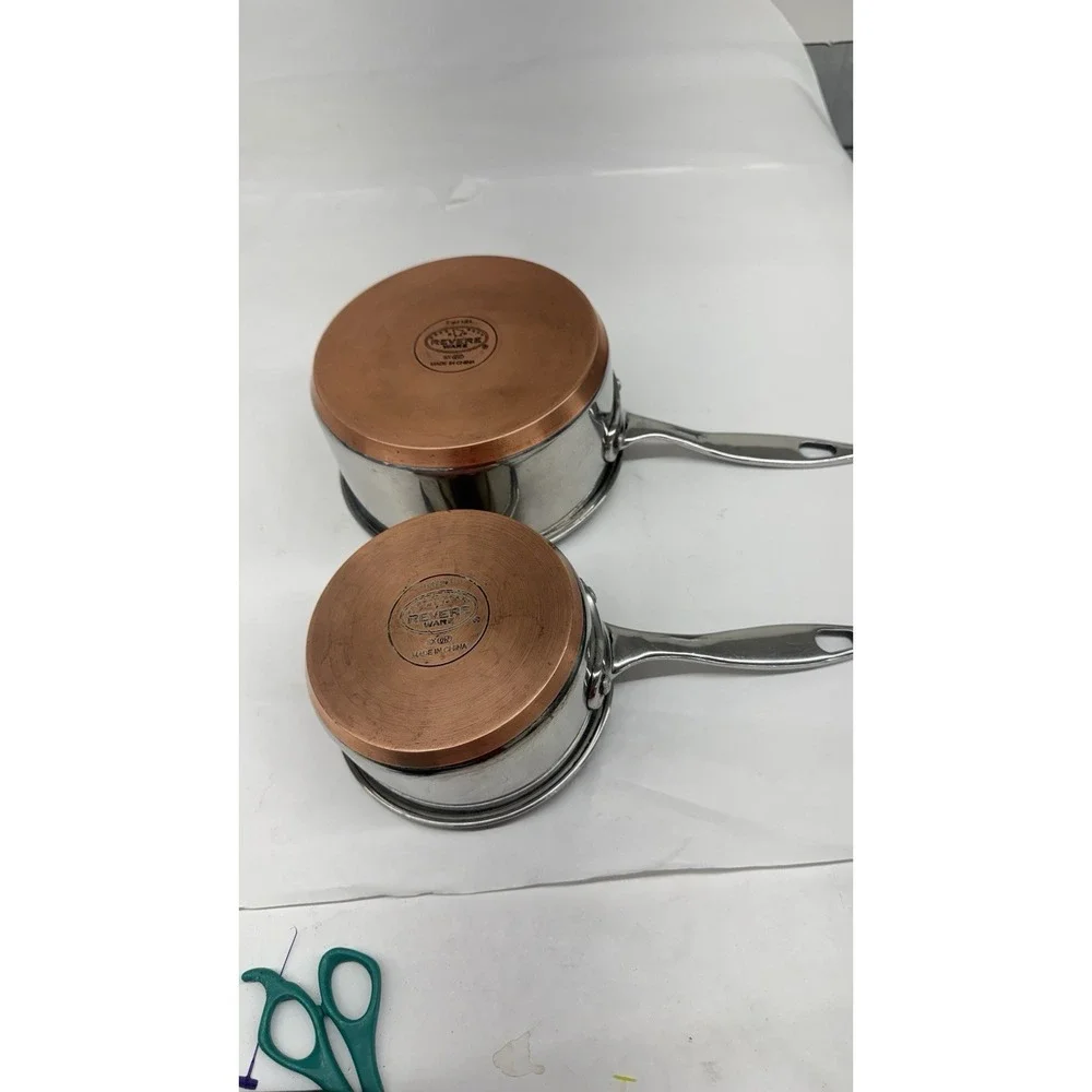 Lot Of 2 Revere Ware 1Qt ,2Qt Metal Handle Copper Disc Bottom SX Heavy Vintage